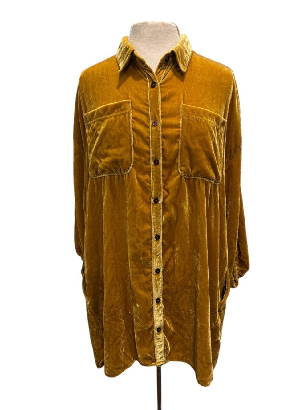 Free People Velvet Oversized Tunic Shirt Gold Mustard Boho Small S - Picture 2 of 11